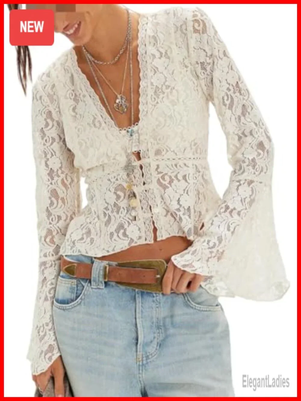Sheer Lace Bell Sleeve Ruffle Poncho Blouse